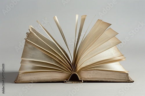 Open book flipping through pages on white background.