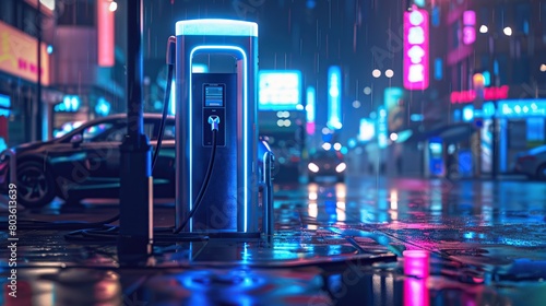 Electric car charging station in the city at night, close-up photo