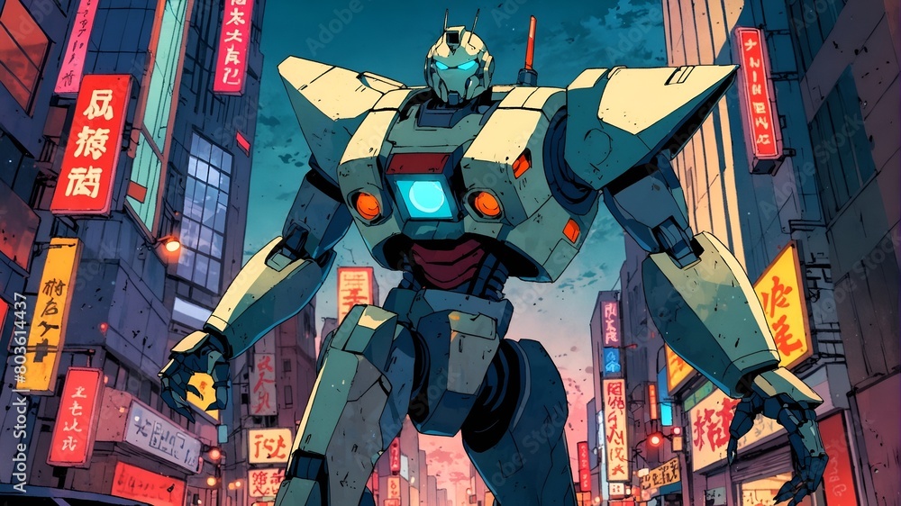A colossal futuristic robot protecting the city from dangers.