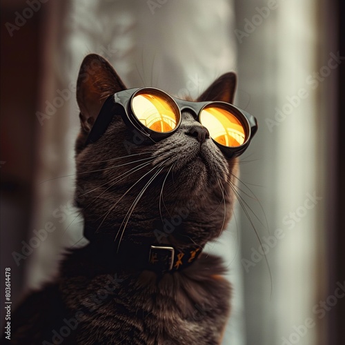 Portrait of a cat in solar eclipse sunglasses. The cat is looking up.