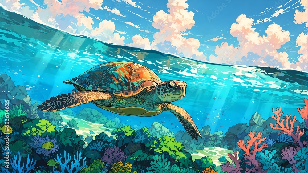A majestic green turtle swimming in the sea with beautiful and colorful coral reefs.