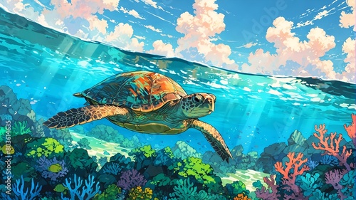 Obraz na płótnie A majestic green turtle swimming in the sea with beautiful and colorful coral reefs. w salonie