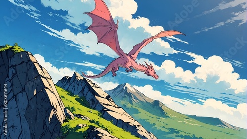 A juvenile majestic dragon flying on top of a mountain with beautiful clouds.