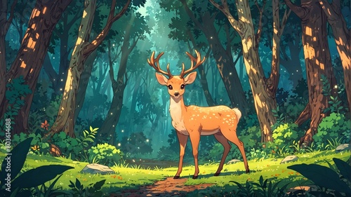 A cute baby deer in the tropical forest with beautiful sunlight.