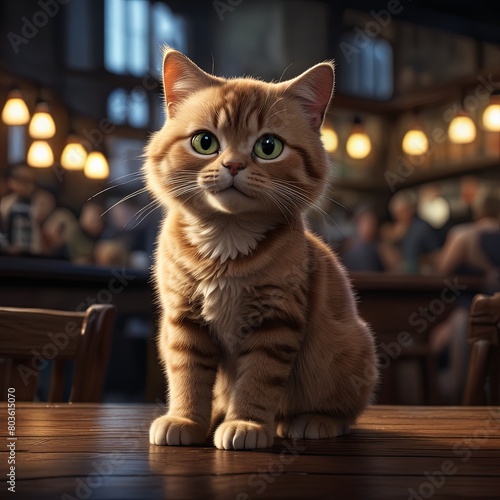 A cat is sitting on a table in a bar