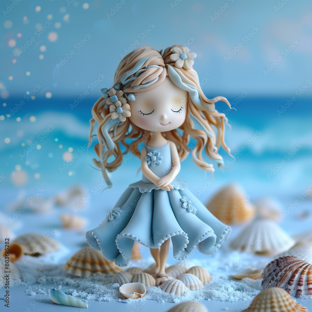 Fototapeta premium Cute Figurine in Blue Dress Sea of Dreams with Seashells 