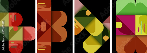 A visually striking art piece made up of a colorful collage of geometric shapes rectangles, circles, tints, and shades on a sleek black background, showcasing symmetry and visual appeal