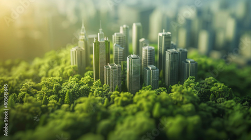 A conceptual urban forest where modern skyscrapers emerge from lush greenery, illustrating a sustainable city environment.