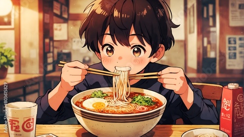A bright kid eating a bowl of tasty ramen noodle full of toppings in a cozy restaurant.