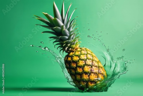 Fresh juicy pineapples in water splashes on green background. Copy space  place for text. Raw fruits cut in water drops. Summer freshness  poster design. Flat lay  top view 