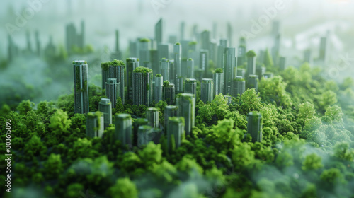 A conceptual urban forest where modern skyscrapers emerge from lush greenery, illustrating a sustainable city environment.