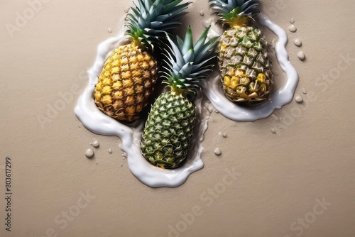 Fresh juicy pineapples in water splashes on sand background. Copy space, place for text. Raw fruits cut in water drops. Summer freshness, poster design. Flat lay, top view
