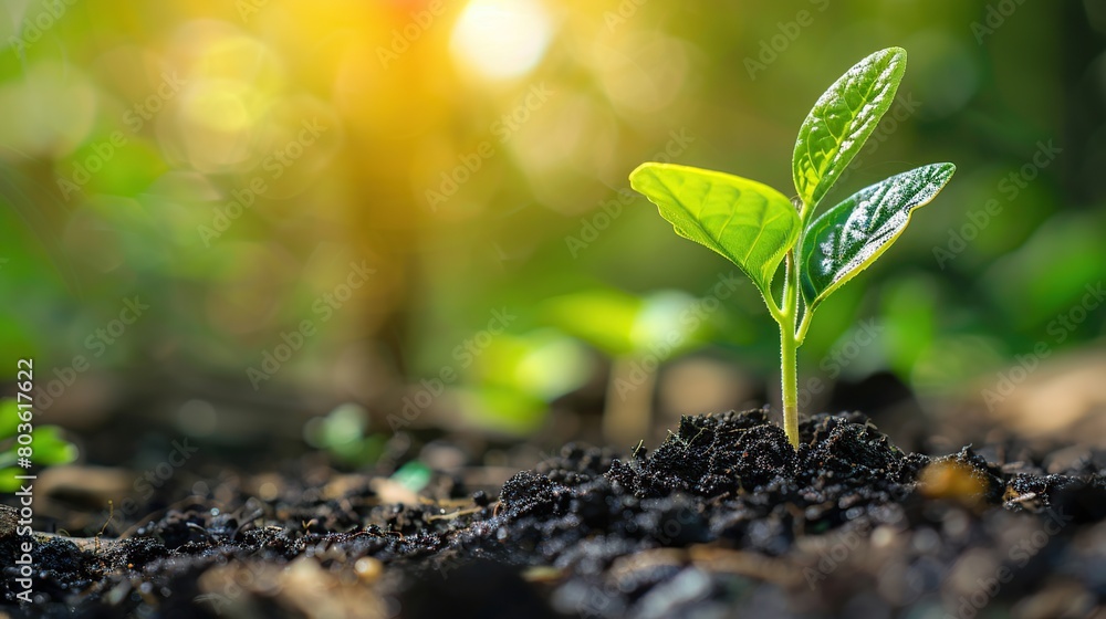 Green plant seedling growing on black soil with sunlight and bokeh background Green plant seedling growing on black soil with sunlight and bokeh background