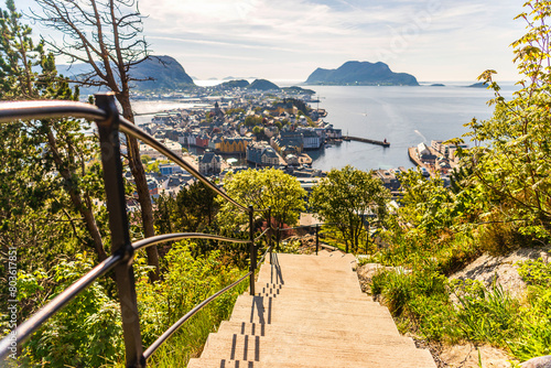 top view of The city of Alesund and the sea during a sunny day,  Norway photo