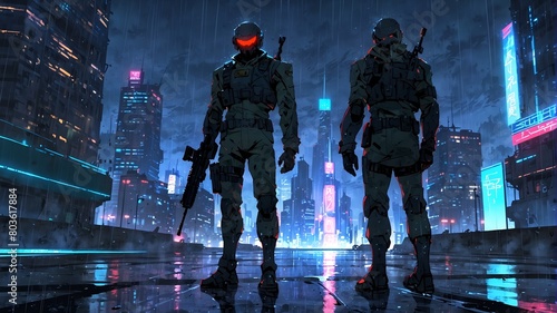Full-armored stealth snipers holding rifles in a cyberpunk city full of skyscrapers and neon lights.