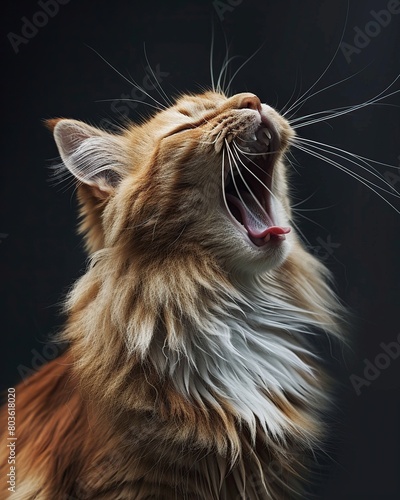 Beautiful ginger cat yawning on black background. Studio shot.