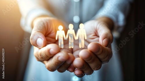 Insurance concept. Close up of man hands holding paper family symbol
