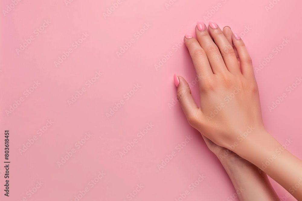 Female hand with pink painted nails on pink background. Female hand with pink painted nails on pink background.