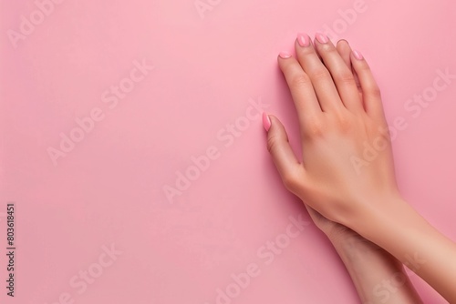 Female hand with pink painted nails on pink background.