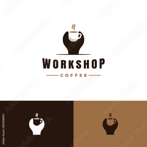 Coffee workshop logo, coffee cup combine with wrench logo concept