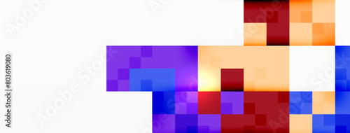 A pixel art of a person with a purple shirt on, showcasing colorfulness through various shades of violet and magenta. The design features a symmetrical pattern with rectangles and a font