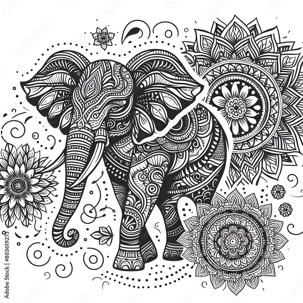 Black and white mandala art featuring elegant line art of an elephant