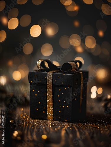Gift box with golden bow on bokeh background.