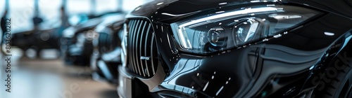 Car headlights in car showroom. Car dealership concept. Automotive industry.