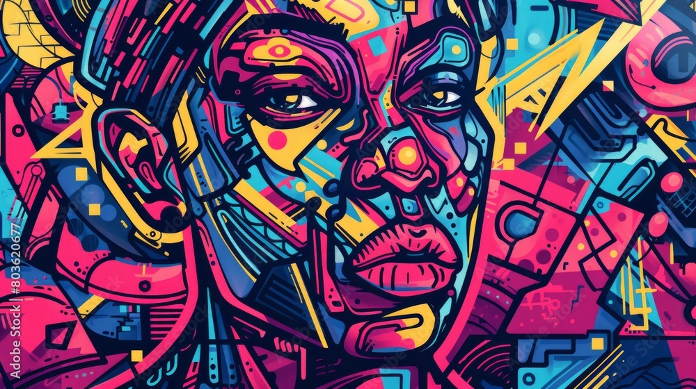 Urban street art style illustration, a dynamic Juneteenth mural background with graffiti elements, african american woman face Urban street art style illustration, a dynamic Juneteenth mural background with graffiti elements, african american woman face