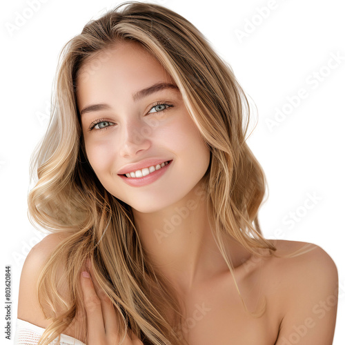 Beauty smiling blonde woman with perfect skin. Fashion, cosmetics and makeup concept isolated on transparent background
