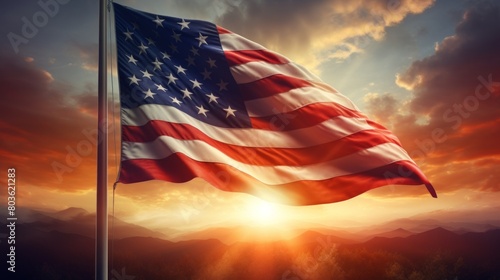 USA flag background with a gradient sunrise, signifying a new dawn and hope on Independence Day