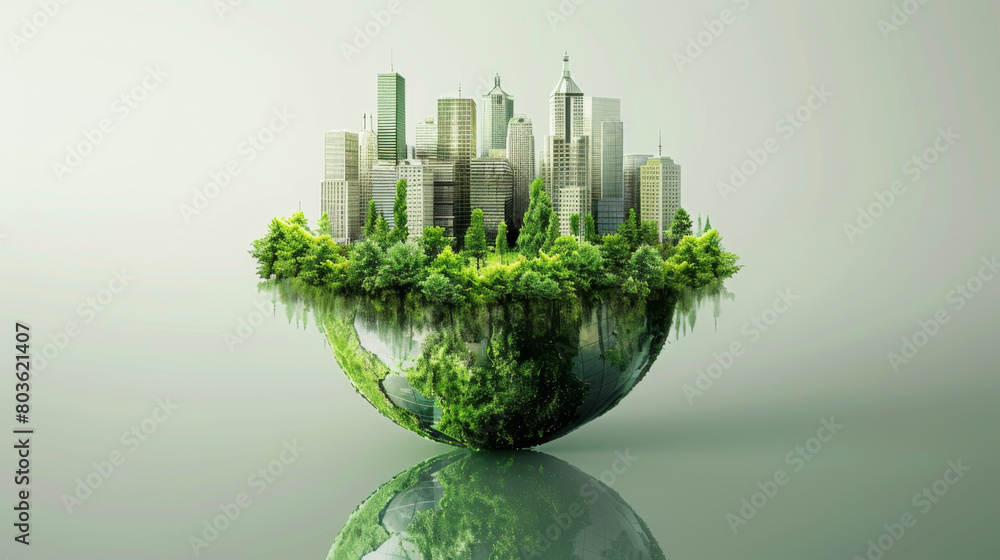 Conceptual artwork depicting a green cityscape on a floating island shaped like Earth, reflecting sustainability.