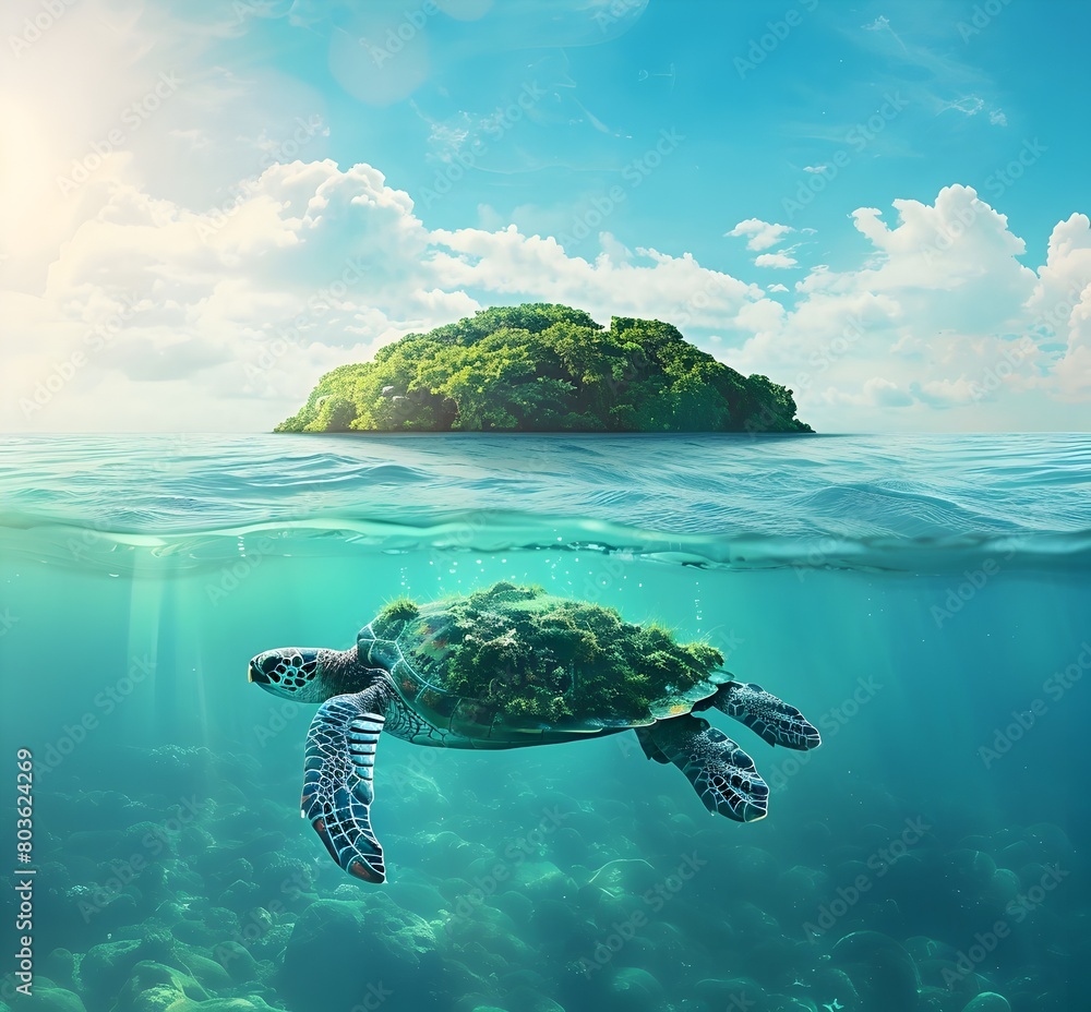 Lush Tropical Island with Vibrant Underwater Sea Turtle in Crystal Clear Turquoise Waters