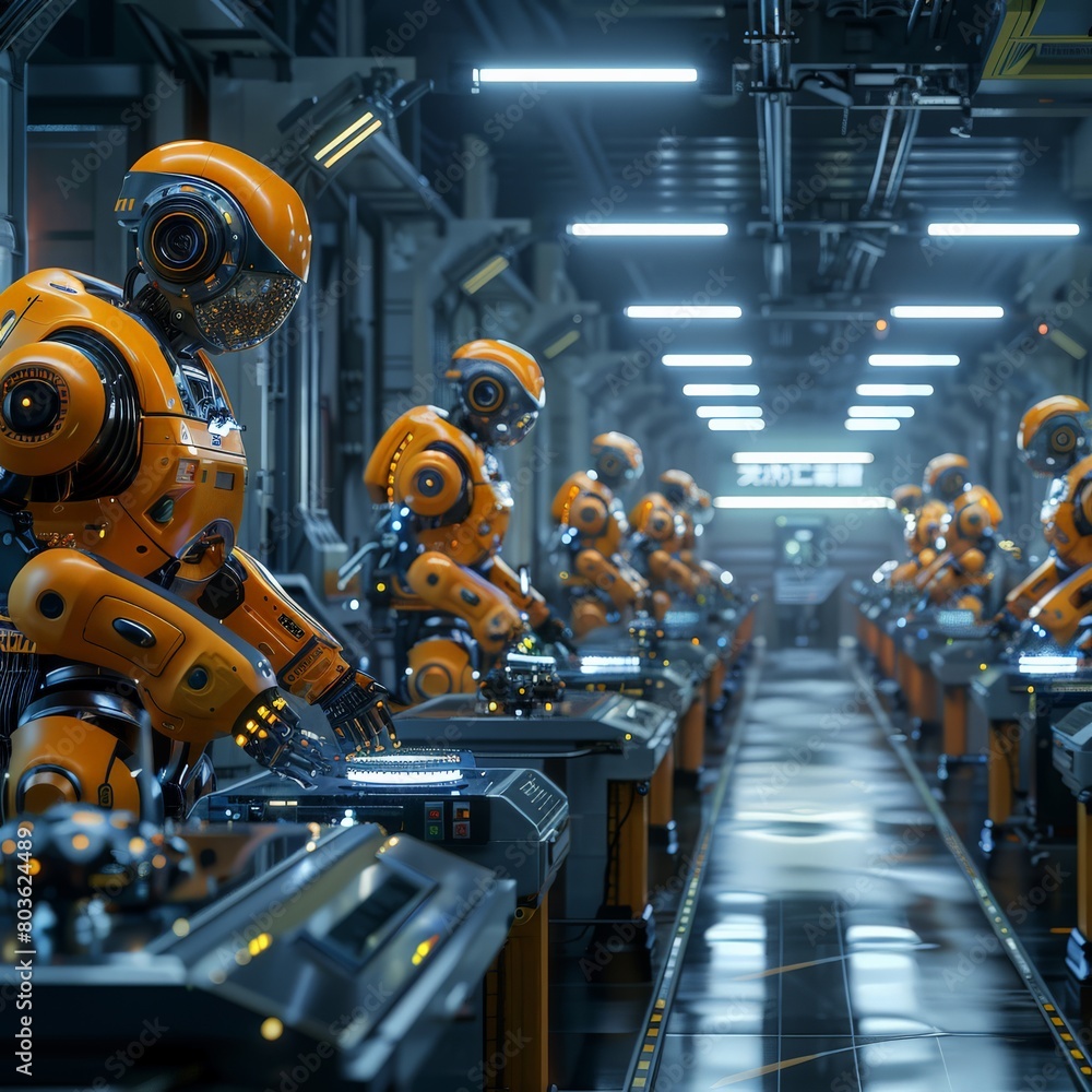 A factory with robots working on a conveyor belt