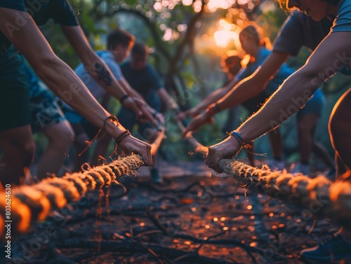 A group of people are playing tug of war with a rope