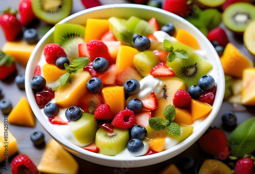 A bowl of colorful fruit salad with a dollop of yogurt on top and a blurred background of fruit and bokeh lights.