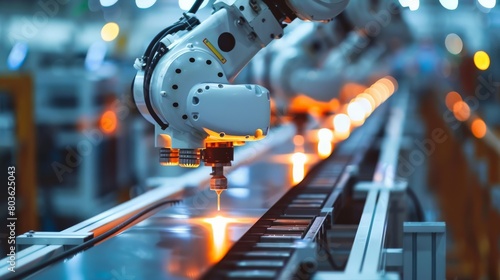 A robot is working on a conveyor belt with a lot of metal parts