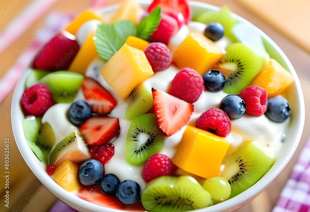 A bowl of fruit salad with a spoonful of yogurt on top, surrounded by a variety of colorful fruits 