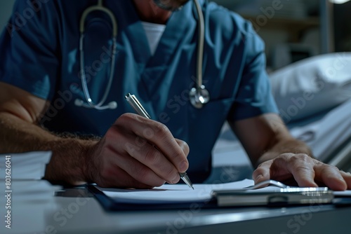 Close-up of male doctor writing on clipboard while sitting at his working place