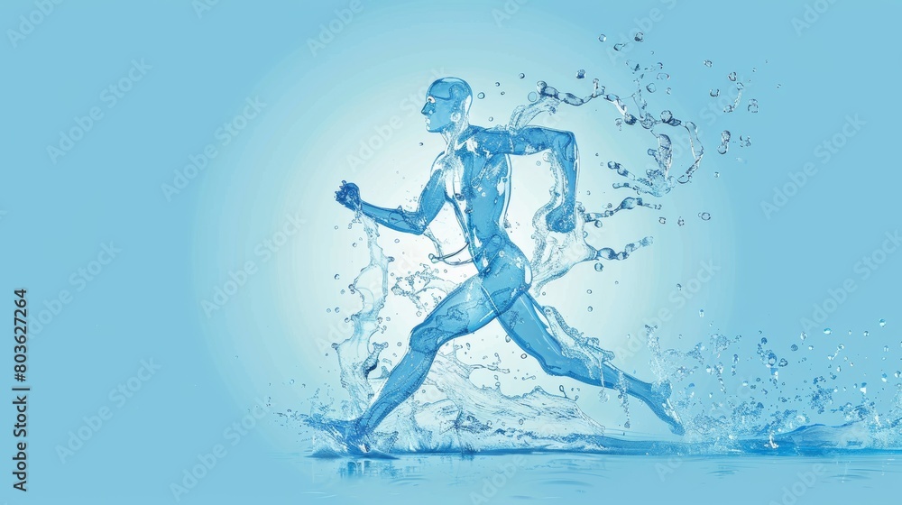 Human body shape of a running man filled with blue water on blue gradient background - sport or fitness hydration, healthy lifestyle or wellness concept. water. Illustrations Human body shape of a running man filled with blue water on blue gradient background - sport or fitness hydration, healthy lifestyle or wellness concept. water. Illustrations
