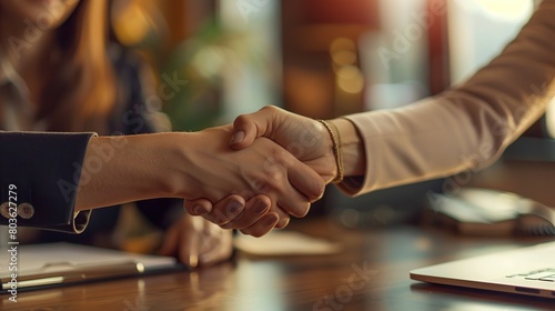 Close-up of business woman shaking hands in office. Business concept