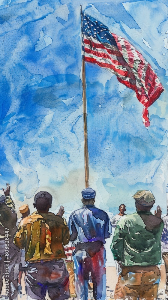 Fototapeta premium Watercolor illustration, Juneteenth flag raising ceremony, African American flag being hoisted, community members saluting, symbolic and respectful, clear blue sky background