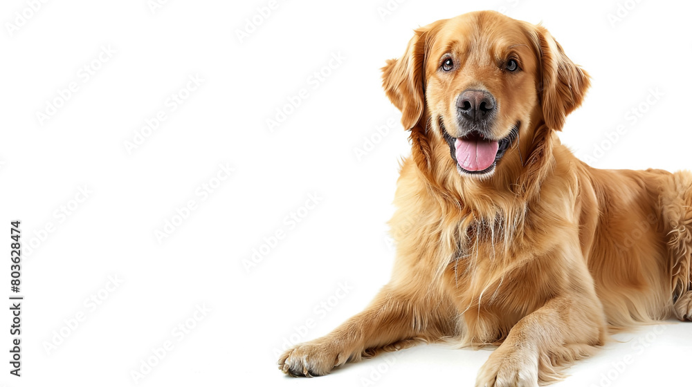 A happy Golden Retriever dog sits and pants while looking at the camera, isolated against a white background , A happy Golden Retriever dog sits and pants while looking at the camera, isolated against a white background ,