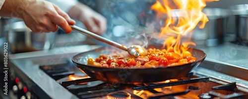 A chef is cooking food in a pan on a stove
