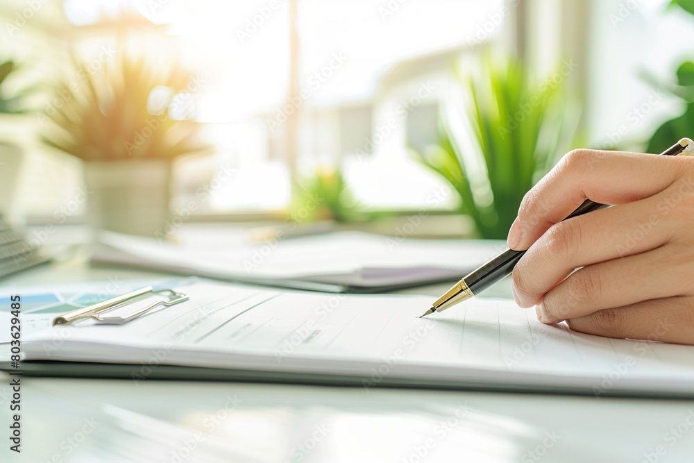 Close up of businesswoman hand holding pen and filling out contract document. Close up of businesswoman hand holding pen and filling out contract document.