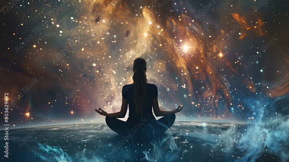Radiant woman meditates amid cosmic splendor