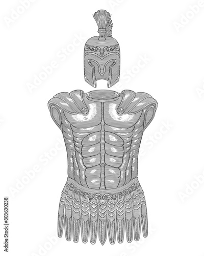 Spartan warrior armor, Vintage engraving drawing style illustration