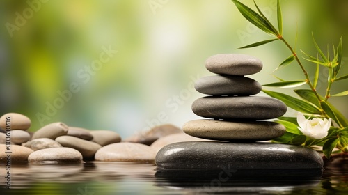 Zen and balance  Stones stacked with water and bamboo background  Serene and meditative  Side copy space for peaceful messages  blurred background  spa salon advertising