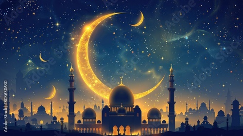 Eid mubarak islamic greeting card with golden moon and mosque , poster, banner design, Ai generated
