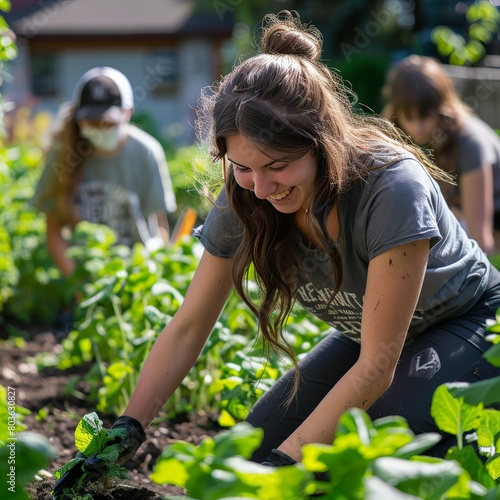 A woman is smiling while working in a garden